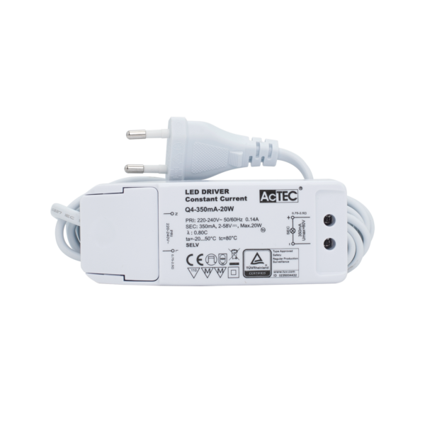 Driver 350mA cc (2-58V) 20W IP20 w/3m cable Euro-plug Hvit