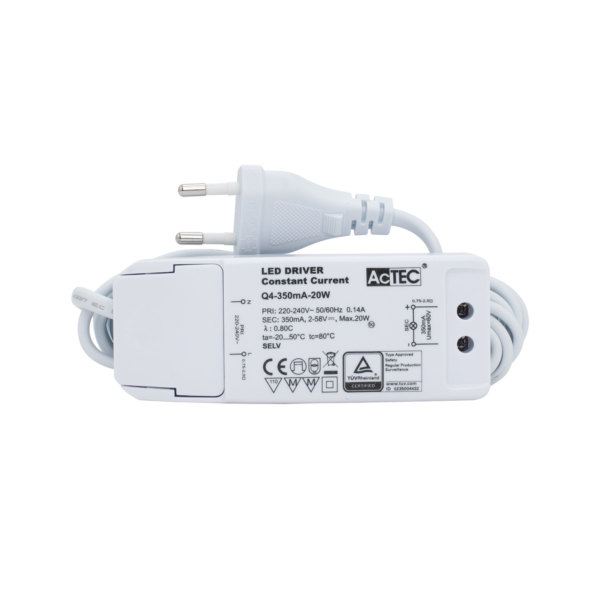 Driver 350mA cc (2-58V) 20W IP20 w/3m cable Euro-plug Hvit